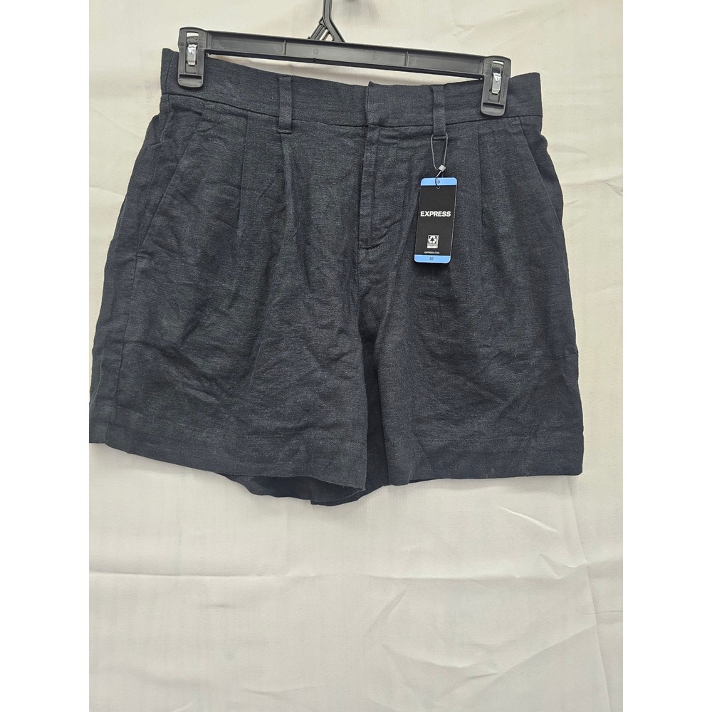Express Womens Linen Blend Pleated Shorts Black Casual Size 10